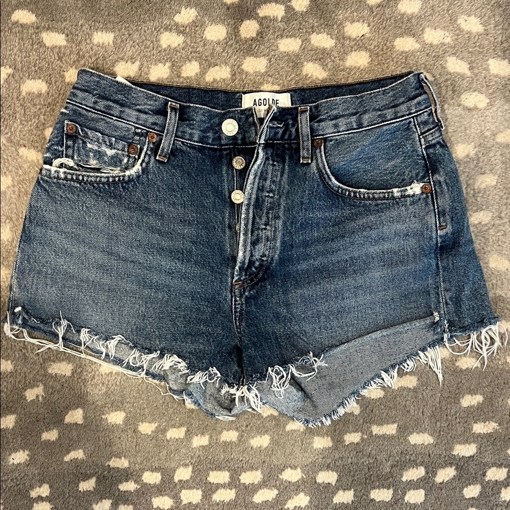 Agolde Dark Blue Frayed Hem Jean Shorts